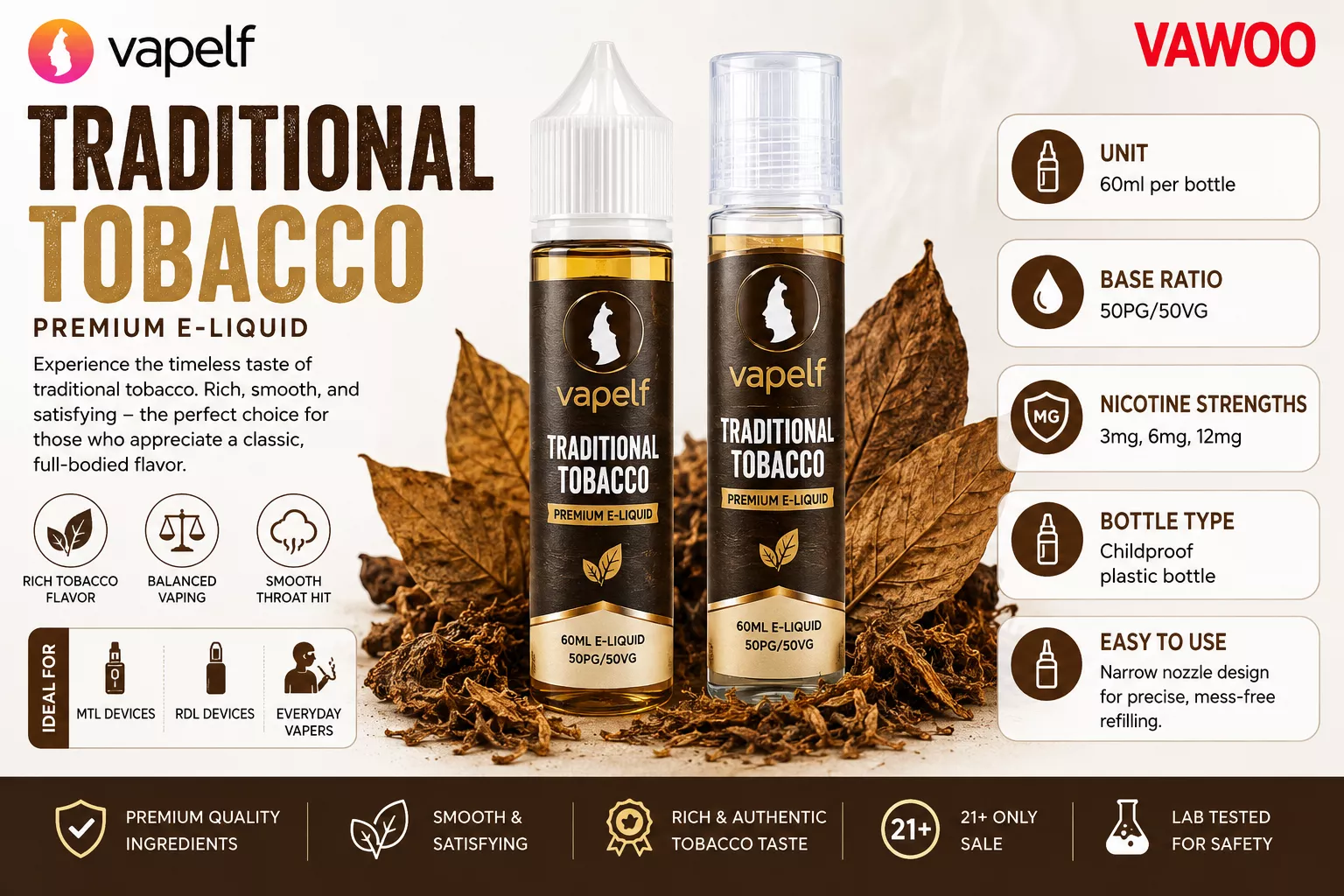 60ml Vapelf Traditional Tobacco E-liquid