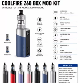 Innokin Coolfire Z60 Box Mod Kit with Zlide Top Tank Atomizer 2500mAh 3ml