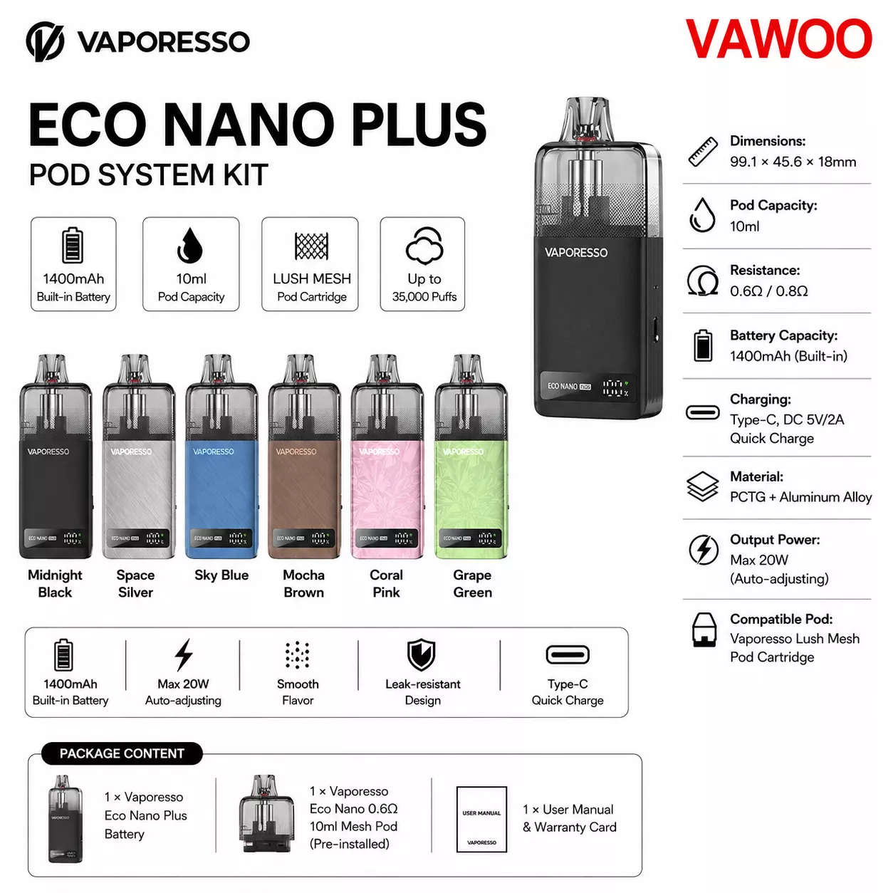 Vaporesso Eco Nano Plus Pod System Kit 1400mAh 10ml