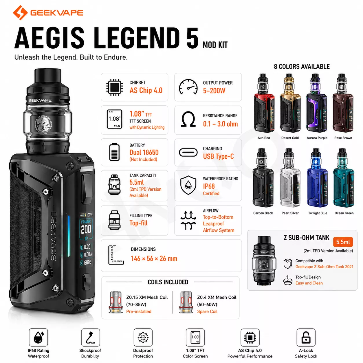 Geekvape Aegis Legend 5 Mod Kit with Z Sub Ohm Tank Atomizer 5.5ml