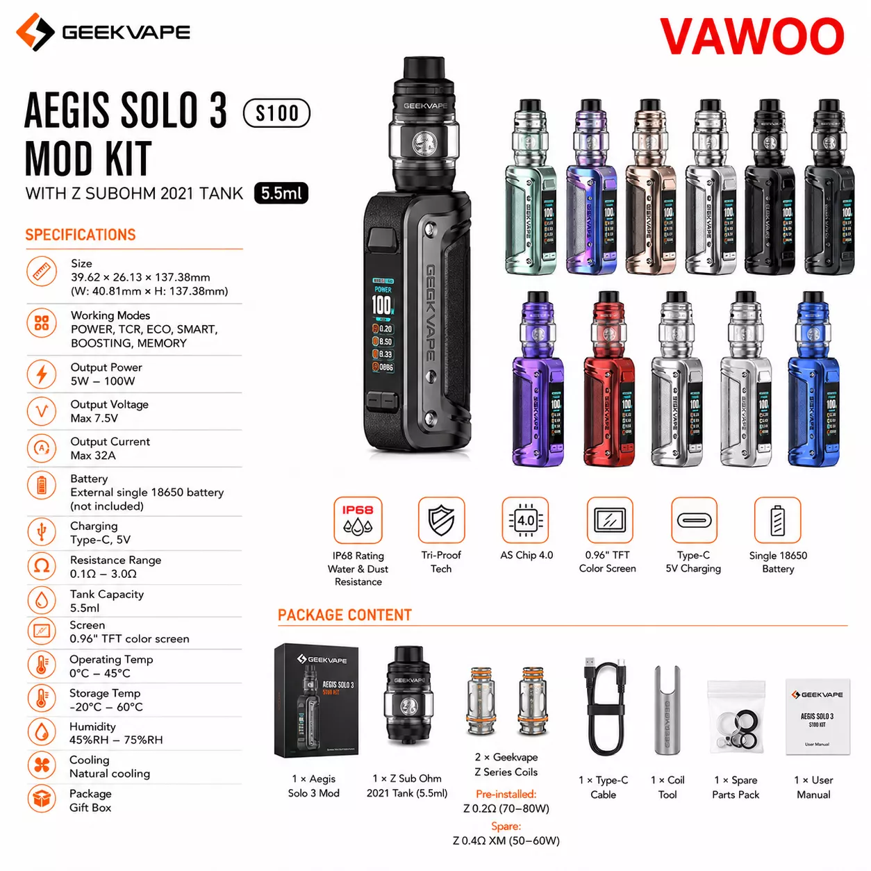 Geekvape Aegis Solo 3 (S100) Mod Kit with Z Subohm 2021 Tank 5.5ml