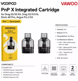 Voopoo PnP X Integated Cartridge for Drag S2/S3 Kit,Drag X2/X3 Kit, Doric 60 Pro,Argus Pro 2 Kit 5ml (2pcs/pack)