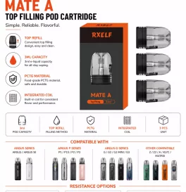 RXELF Mate A Top Filling Pod Cartridge for Voopoo Argus/Argus SE, Argus P1/P1s/P2/P3 Kit, Argus G / G2/ G2 Mini /G3 Pod Kit,Argus Z/Z2,Argus A/ARGUS Klyc, ARGUS Matrix Kit 3ml (3pcs/pack)