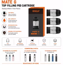 RXELF Mate G Top Filling Pod Cartridge For Uwell Caliburn G5 Lite/G5 Lite SE/G5 Lite Koko, Caliburn G4/G4 Mini/G4 Pro Pod, Caliburn G3 Series Kit 3ml (3pcs/pack)