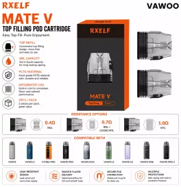 RXELF Mate V Top Filling Pod Cartridge for Voopoo Vmate / Vmate E / V.THRU Pro / Vmate Pro / Vmate Max / Vmate i2 / Vmate E2 / Vmate Mini/ Vmate Pro 2 Kit 3ml (2pcs/pack)