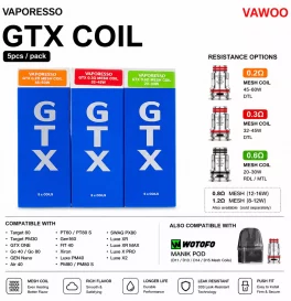 Vaporesso GTX Coil for Target 80 / Target PM30 , GTX One / Go 40 / Go 80, GEN Nano / Air 40 / PT60 / PT80 S / Gen160 / FIT 40,  Xiron, Luxe PM40 / PM80 / PM80 S, SWAG PX80,  Luxe XR / XR MAX / X PRO / LUXE X2 (5pcs/pack)