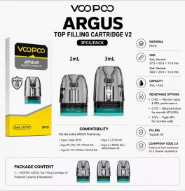 VOOPOO ARGUS Top Filling Cartridge V2 for Argus/Argus Se Kit, Argus P1/P1s/P2/P3 Kit, Argus G / G2/ G2 Mini / G3 Pod Kit,Argus Z/Z2,Argus A / ARGUS Klyc, ARGUS Matrix Kit 2ml/3ml (3pcs/pack)