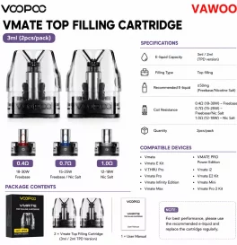 VOOPOO Vmate Top Filling Cartridge for Vmate / Vmate E Kit / V.THRU Pro / Vmate Pro / Vmate Infinity Edition / Vmate Max / VMATE PRO Power Edition / Vmate i2 / Vmate E2 Kit / Vmate Mini/ Vmate Pro 2 Kit 3ml (2pcs/pack)