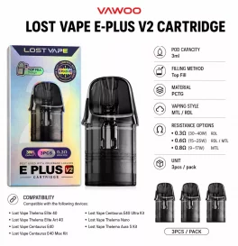 Lost Vape E-Plus V2 Cartridge for Thelema Elite 40/Elite Art 40,Centaurus E40 /E40 Max Kit /E40 Ultra Kit,Thelema Nano, Thelema Aura S Kit (3pcs/pack)