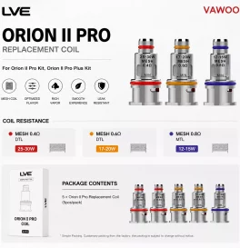 LVE Orion II Pro Pod Replacement Coil for Orion II Pro Kit, Orion II Pro Plus Kit (5pcs/pack)