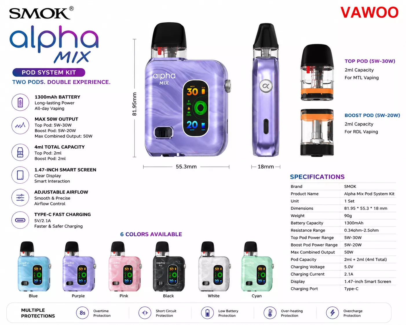 SMOK Alpha Mix Pod System Kit 1300mAh 4ml (Max 50W: Top Pod 30W 2ml + Boost Pod 20W 2ml)