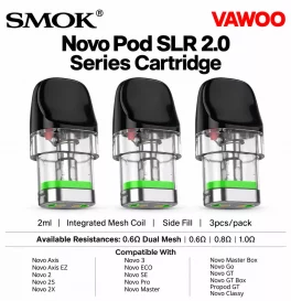 Smok Novo Pod SLR 2.0 Series Cartridge for Novo Axis, Novo Axis EZ Novo, Novo 2, Novo 2s, Novo 2X, Novo 3, Novo ECO/SE/Pro, Novo Master/Master Box,Novo Go, Novo GT /GT Box, Propod GT,Novo Classy Kit 2ml (3pcs/pack)