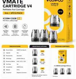 Voopoo Vmate Cartridge V4 for Vmate/ Vmate E/ V.THRU Pro/ Vmate Pro/ Vmate Pro Power Edition/ Vmate Max/ Vmate i2/ Vmate E2/ Vmate Mini/ Vmate Pro 2/ Vmate Max 2 Kit 3ml (3pcs/pack)