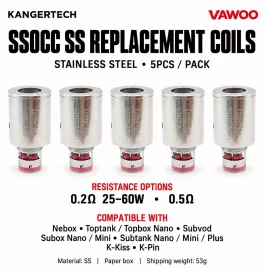 KangerTech SSOCC SS Coils (0.2ohm & 0.5ohm) for KangerTech Nebox & Topbox & Subvod & Subtank Mini & Subtank Nano & Subtank Plus & K-Kiss & K-Pin (5pcs/pack)